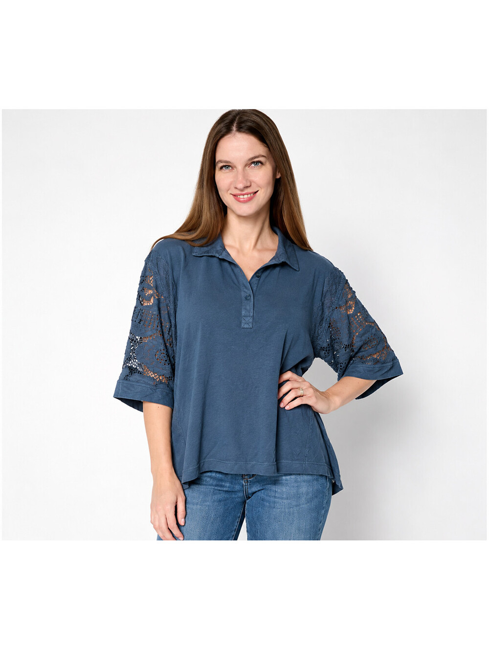 L0GO Lavish by Lori Goldstein 100% Cotton Polo Top with Lace Mood Indigo, Large